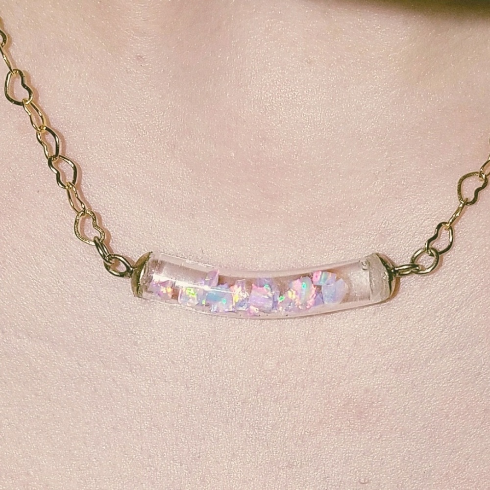 Floating Opal in Curved Glass Necklace 14K GF